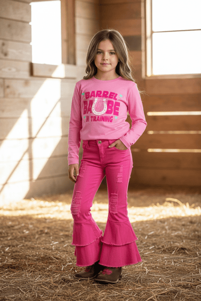 Hot Pink Double Ruffle Flare Jeans for Girls