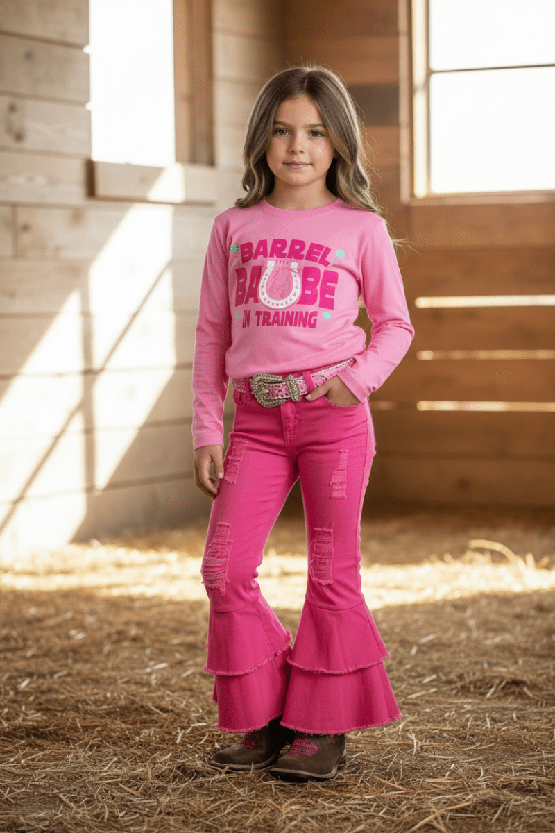 Hot Pink Double Ruffle Flare Jeans for Girls