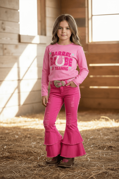Hot Pink Double Ruffle Flare Jeans for Girls