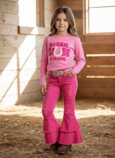 Hot Pink Double Ruffle Flare Jeans for Girls