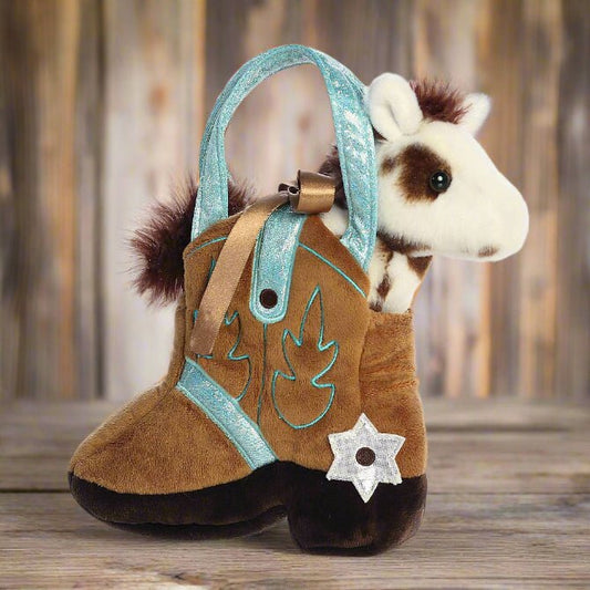 Plush horse toy in a boot