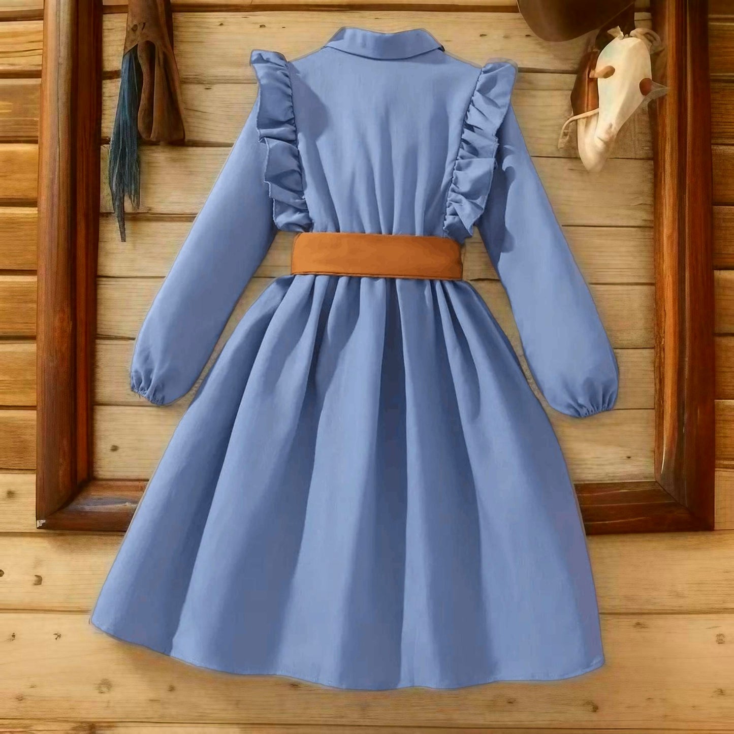 Cowgirl Chic: Ruffled Western Style Dress with Brown Tie Belt image 3