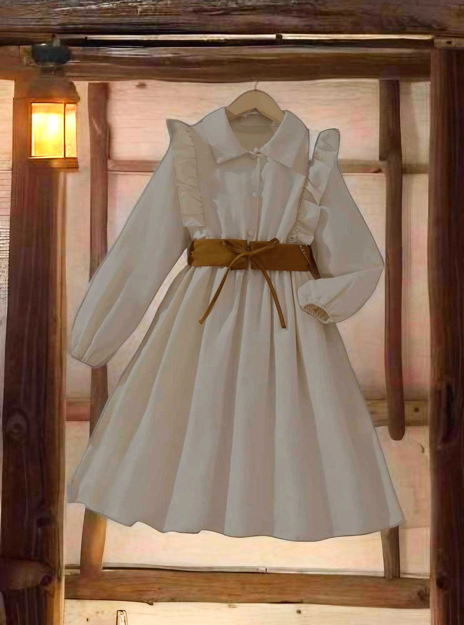Cowgirl Chic: Ruffled Western Style Dress with Brown Tie Belt image 1