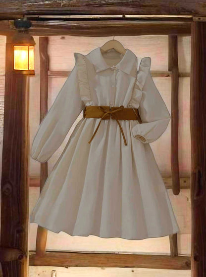 Cowgirl Chic: Ruffled Western Style Dress with Brown Tie Belt image 1