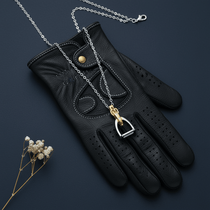Two-tone stirrup necklace draped over black English riding glove - equestrian jewelry horse lover gift girls