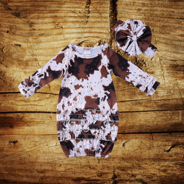 Cowhide Baby Gown & Matching Headband Set