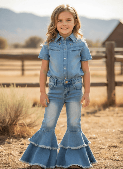 Light Blue Western Double-Layer Bell Jeans with Adjustable String
