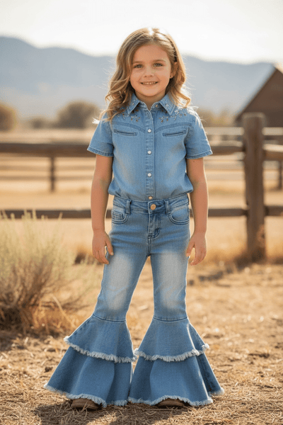 Light Blue Western Double-Layer Bell Jeans with Adjustable String