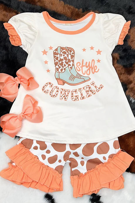 Little Cowgirl Style Set with Cow Print Shorts image 2