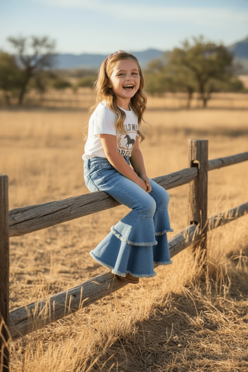Light Blue Western Double-Layer Bell Jeans with Adjustable String