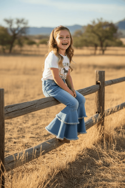 Light Blue Western Double-Layer Bell Jeans with Adjustable String