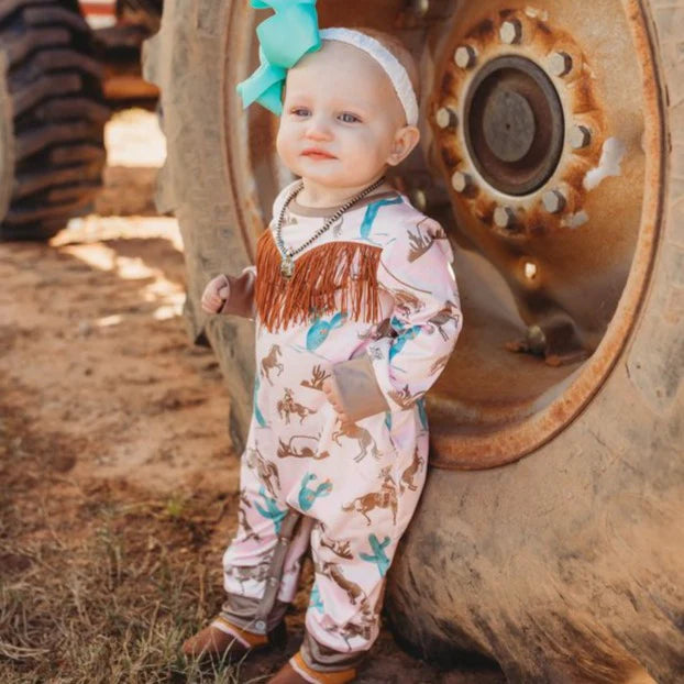 Gettin' Western: Baby Girl Long Sleeve Romper with Fringe image 0