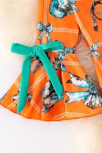 Orange Bell Sleeve Western Dress with Teal Fringe