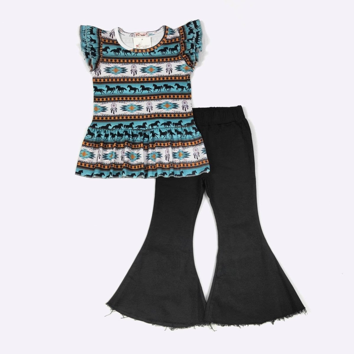 Wild Horses Boutique Western Outfit Set - Turquoise Aztec Tunic Top & Black Flare Pants