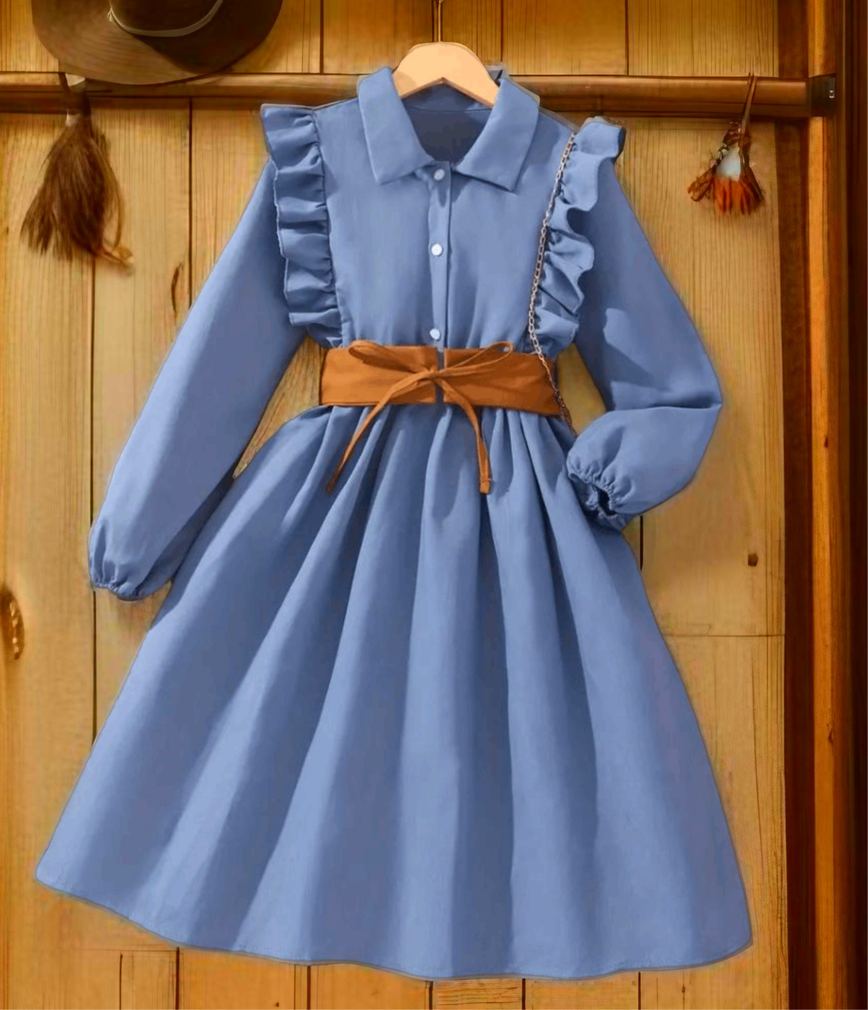 Cowgirl Chic: Ruffled Western Style Dress with Brown Tie Belt image 0