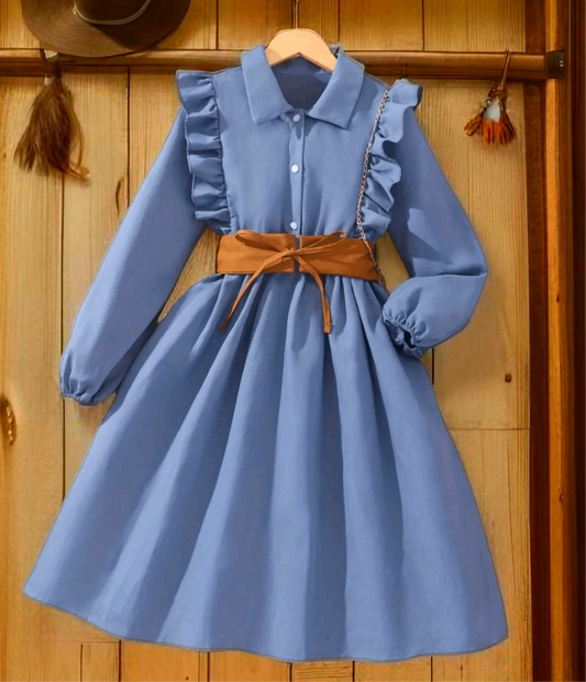 Cowgirl Chic: Ruffled Western Style Dress with Brown Tie Belt image 0