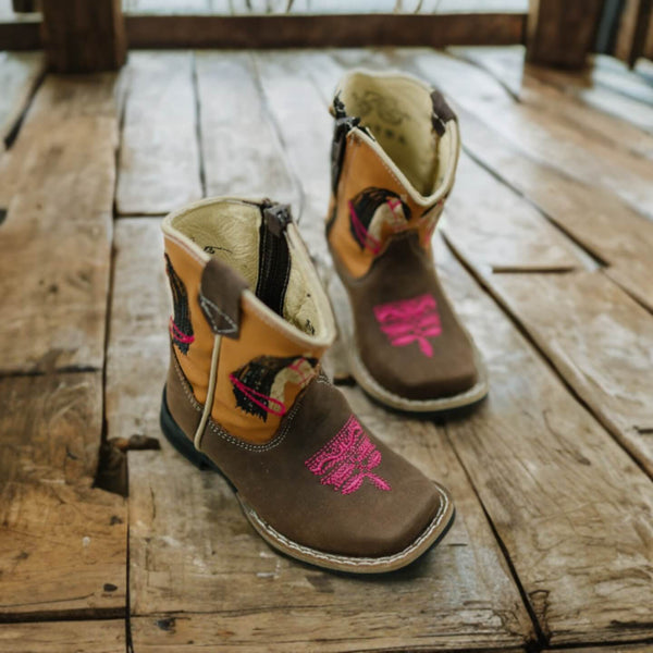 Lil' Cowgirl Fancy Stitch Leather Boots – Brown & Pink