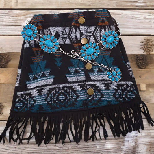 Trailblazer Chic: Teal & Black Aztec Fringe Skirt image 0