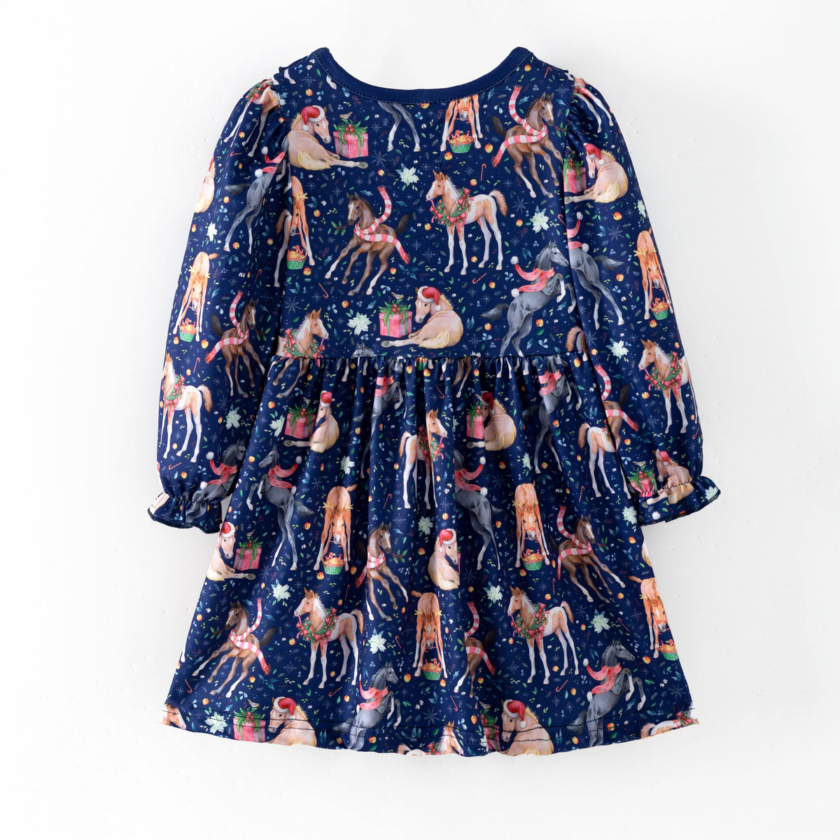 Full view of the navy Christmas horse dress with a gathered skirt and festive pony print.