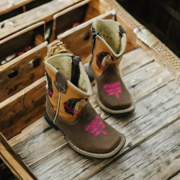 Lil' Cowgirl Fancy Stitch Leather Boots – Brown & Pink