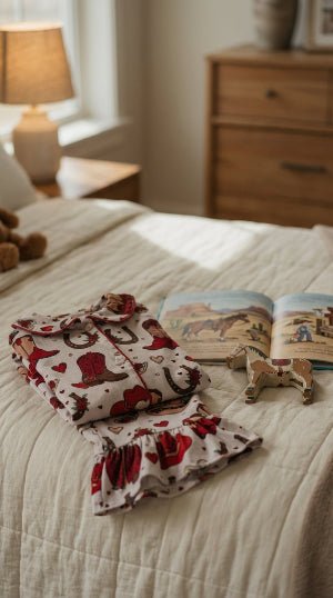 Children's pajama set with cowboy pattern on a bed, accompanied by books and a toy, in a bedroom setting.