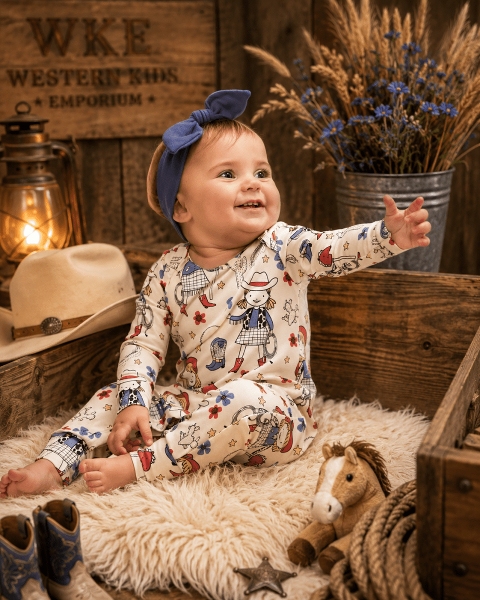 A baby sitting in a rustic wooden crate wearing a cream western-print jumpsuit with red, blue, and brown cowboy motifs, a blue bow headband, and cowboy boots, surrounded by a cowboy hat, lantern, dried flowers, and a plush toy.