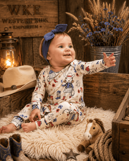 A baby sitting in a rustic wooden crate wearing a cream western-print jumpsuit with red, blue, and brown cowboy motifs, a blue bow headband, and cowboy boots, surrounded by a cowboy hat, lantern, dried flowers, and a plush toy.