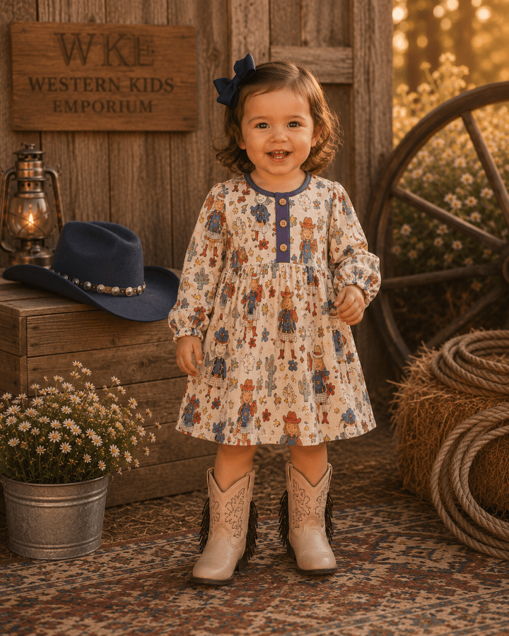 A young child stands in a rustic western-themed setting wearing a long-sleeve cream dress with a colorful cowboy/cow print, a blue bow in her hair, and light tan cowboy boots. A wooden sign reading 'WKE Western Kids Emporium' is visible behind her.