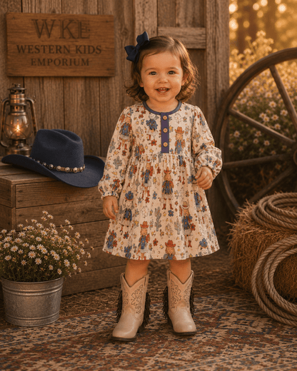 A young child stands in a rustic western-themed setting wearing a long-sleeve cream dress with a colorful cowboy/cow print, a blue bow in her hair, and light tan cowboy boots. A wooden sign reading 'WKE Western Kids Emporium' is visible behind her.
