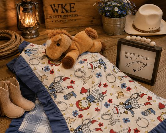 A western-themed baby blanket with a cowboy and cowgirl print, styled on a rustic wooden surface with a plush toy horse, cowboy boots, a lantern, a hat, and a decorative sign.