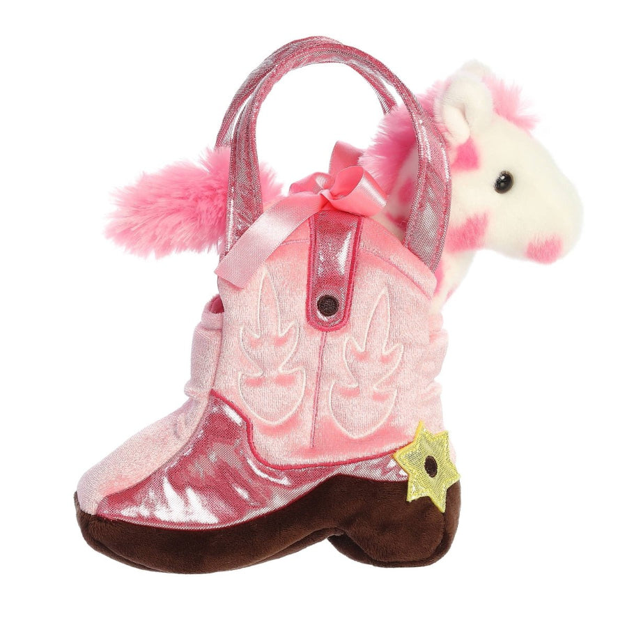 Pink cowboy boot plush toy with horse head on a white background