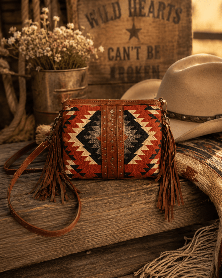 Woven handbag with tassels on a wooden surface with cowboy hat and flowers in the background.