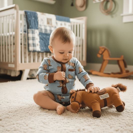 Baby playing with a plush horse toy in a nursery