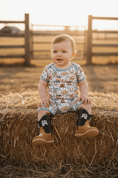 Baby Cowboy Romper | Western Infant Short Sleeve Outfit with Snap Bottom (0-24M)
