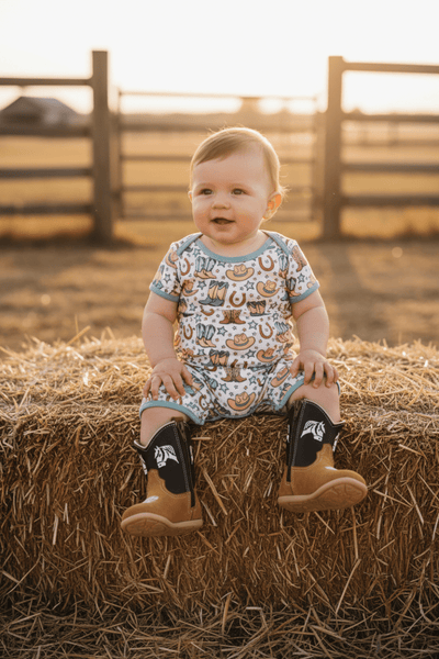 Baby Cowboy Romper | Western Infant Short Sleeve Outfit with Snap Bottom (0-24M)
