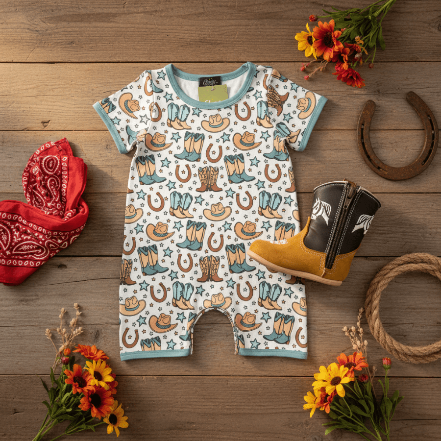 Baby romper with cowboy pattern on a wooden surface with boots and bandana.