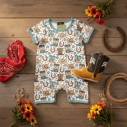 Baby romper with cowboy pattern on a wooden surface with boots and bandana.
