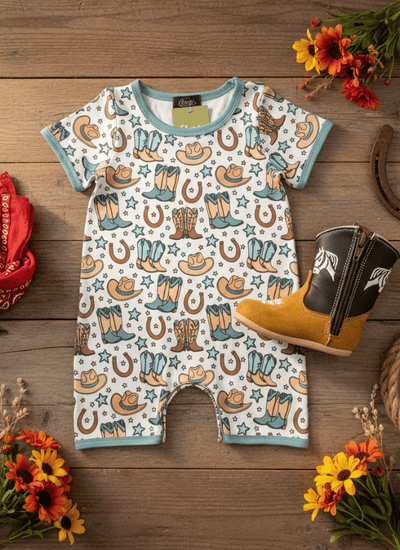 Baby Cowboy Romper | Western Infant Short Sleeve Outfit with Snap Bottom (0-24M)