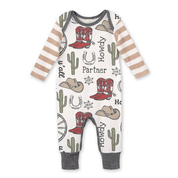 Baby onesie with cowboy-themed design on a white background