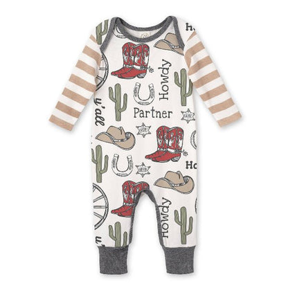 Baby onesie with cowboy-themed design on a white background