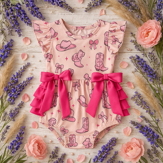 Pink baby romper with cowboy boots and bows on a wooden surface with flowers and petals.
