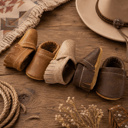 Pair of brown leather moccasins on a wooden surface with a hat and rope.