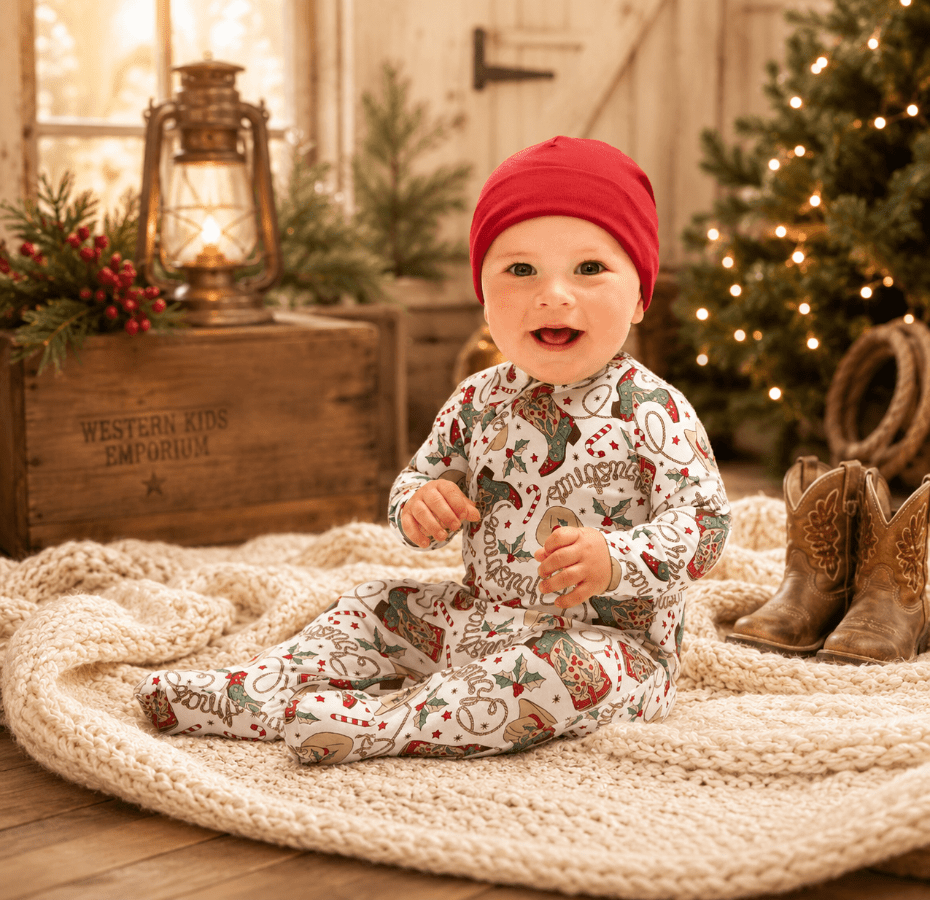 A baby sitting on a chunky knit blanket in a rustic holiday setting, wearing a white one-piece pajama with a Christmas print and a red knit hat. The scene includes a wooden crate, lantern, and a decorated Christmas tree in the background.
