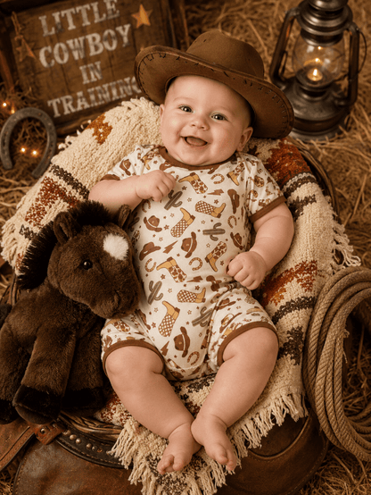 Baby in a cowboy-themed romper sitting on a sadd;e with decorations.