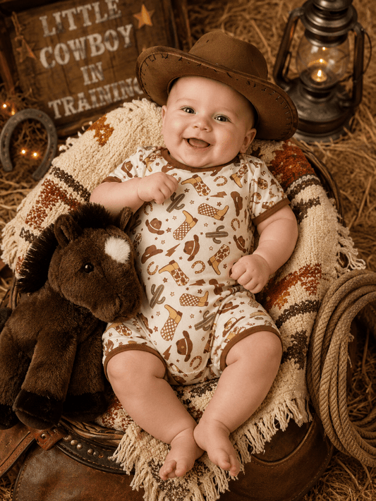 Baby in a cowboy-themed romper sitting on a sadd;e with decorations.