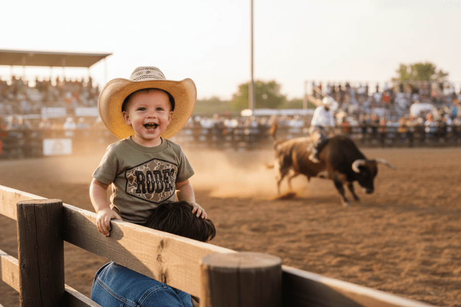 Child in a cowboy hat and shirt at a rodeo event with a bull in the background.