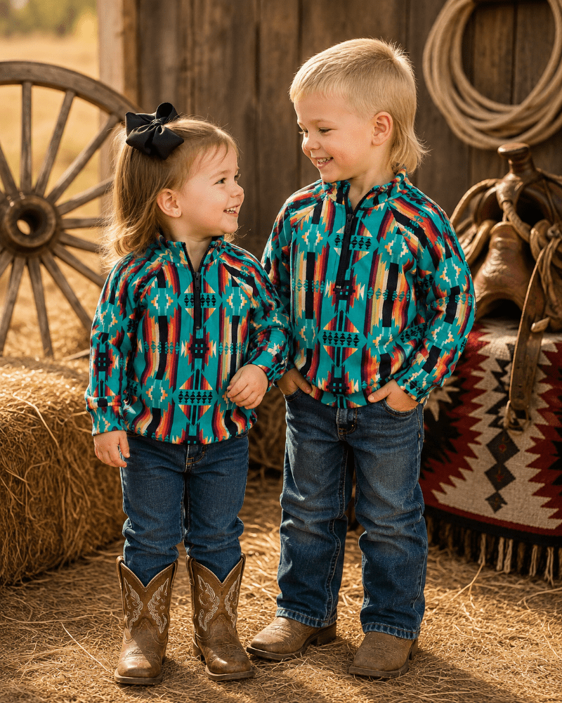 Two children standing together in a rustic barn-like setting, wearing matching colorful geometric print long-sleeve shirts with blue jeans and brown cowboy boots.