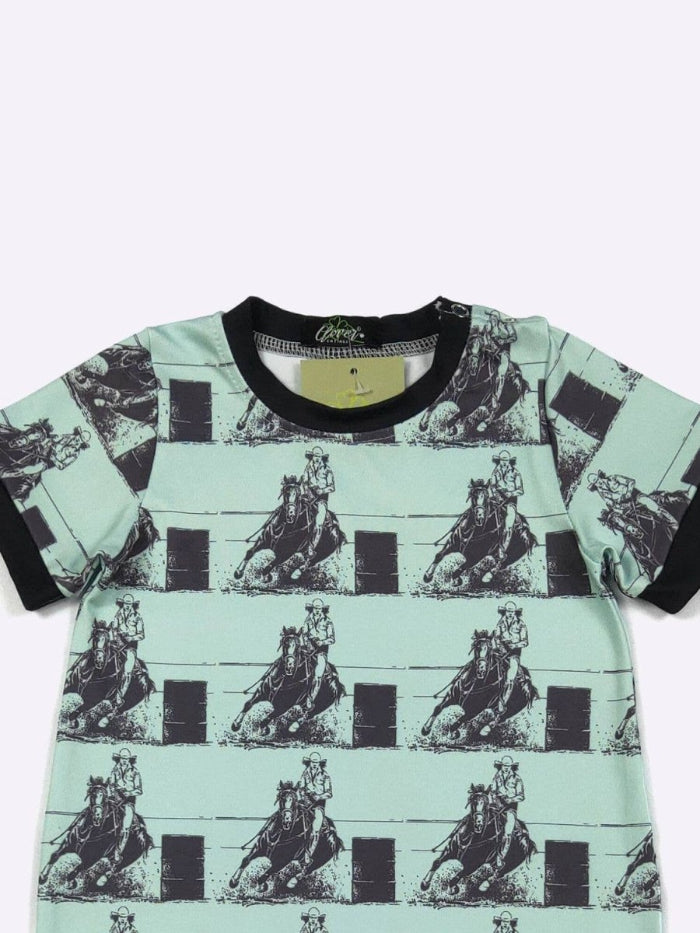 romper with horse pattern on a light green background
