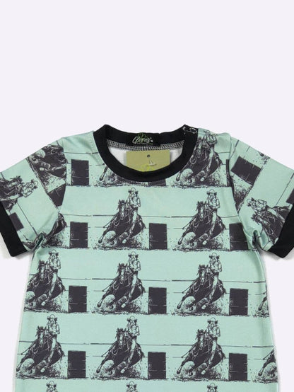 romper with horse pattern on a light green background