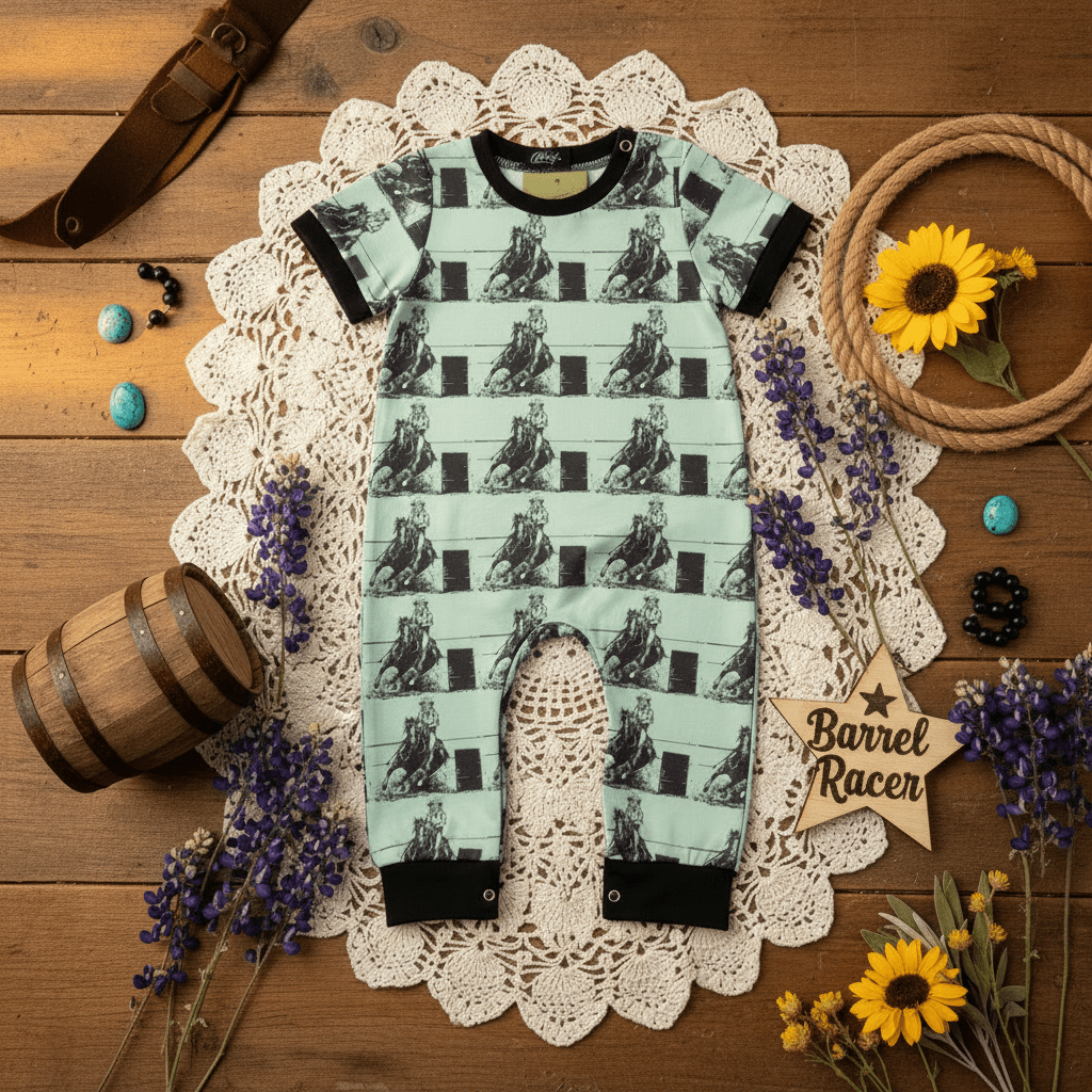 Baby barrel race romper with horse print on a wooden surface with decorative elements